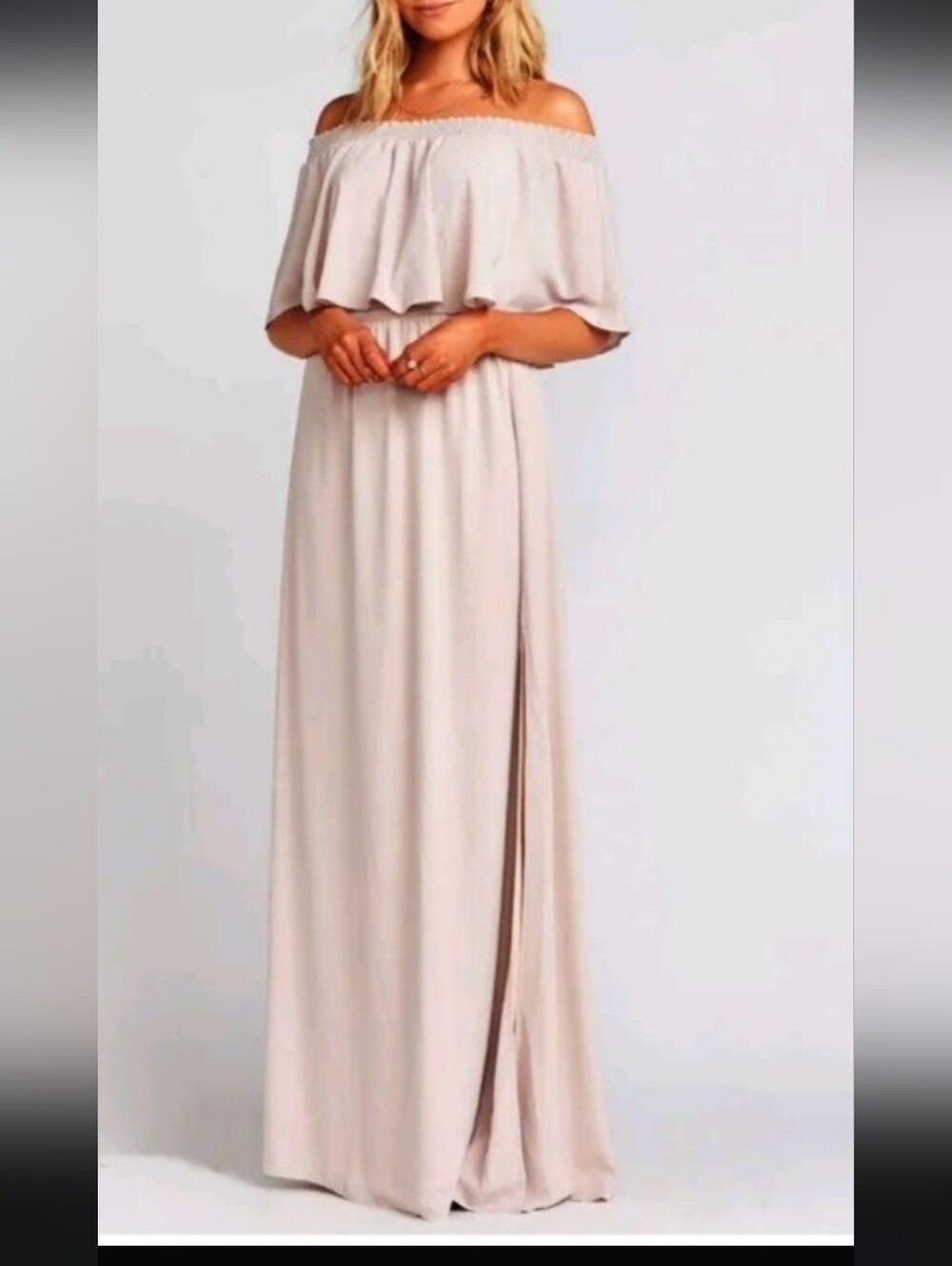Show Me Your MuMu Off-Shoulder Cream Maxi Dress with Side Slit